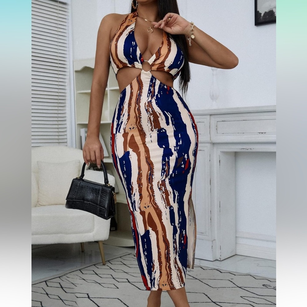 SHEIN Blue and Brown Patterned Dress